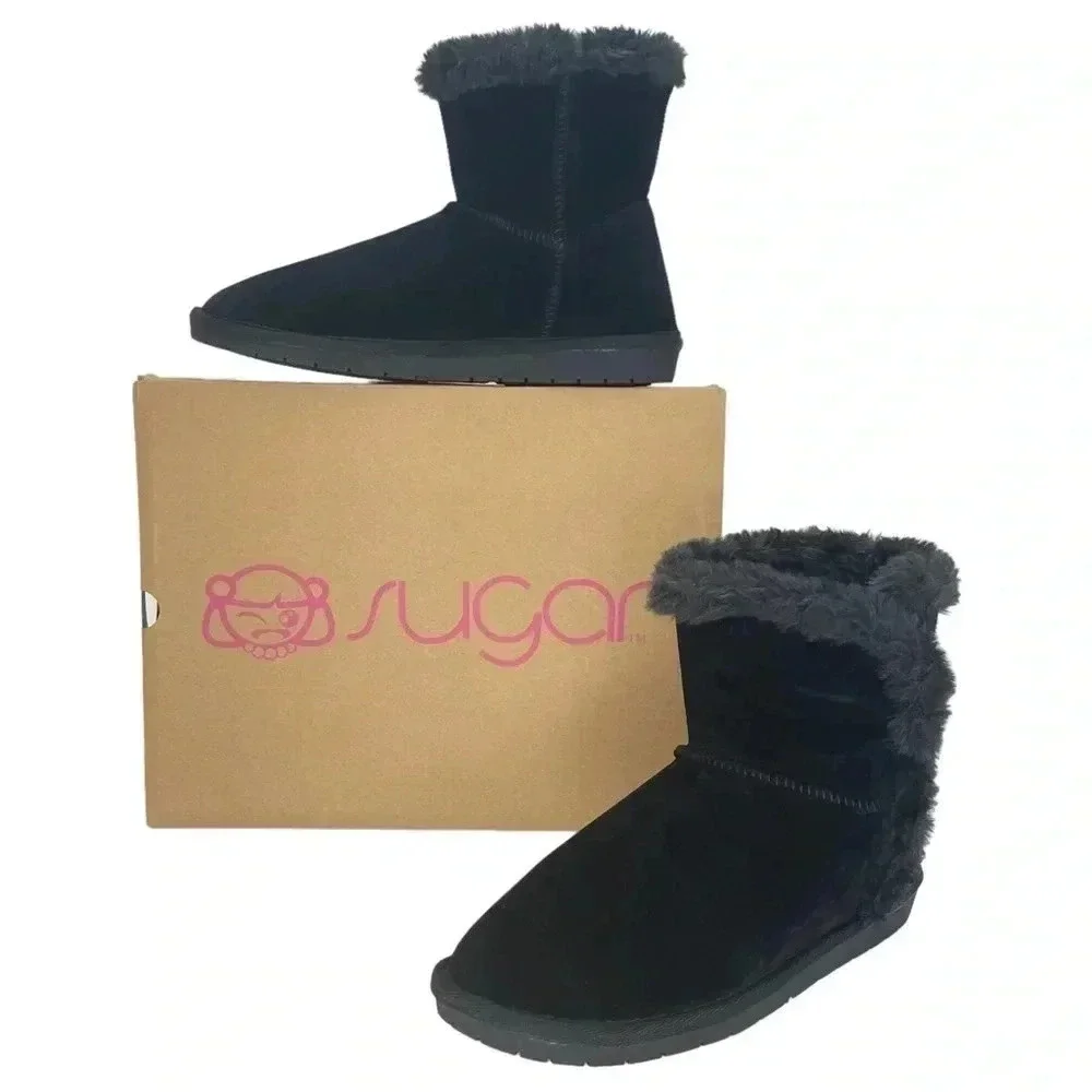 Sugar Polly Black Velvet Faux Fur Trim Womens Ankle Boots Size 6M